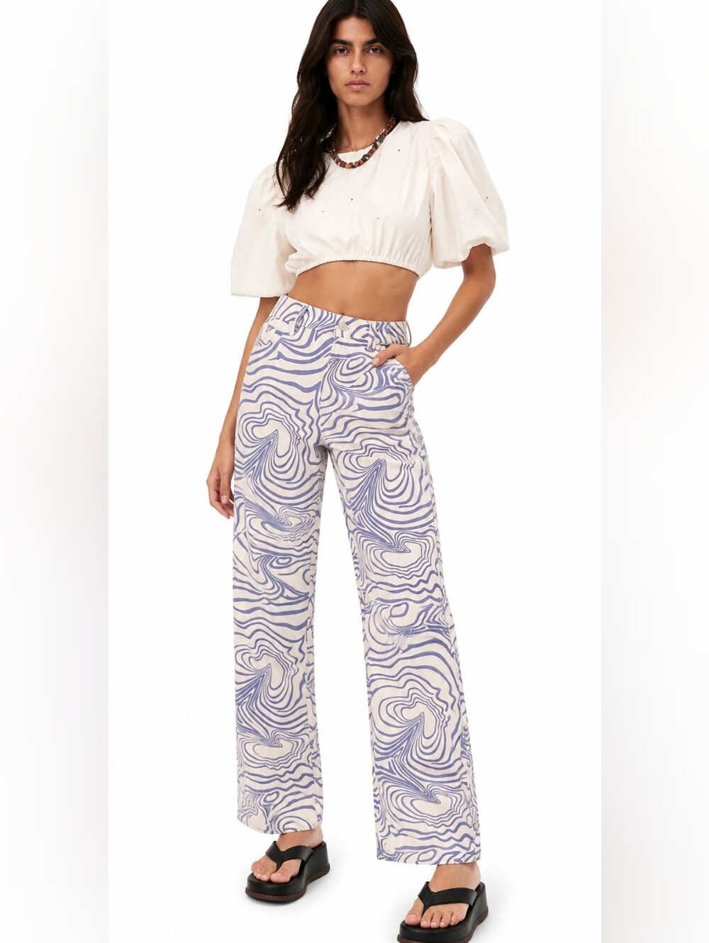 Zara High Waisted Abstract Swirl print Wide Leg Pants Blue Purple Size 2 Y2K BTC